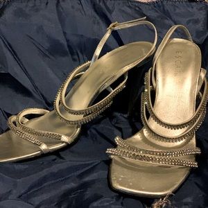 Never worn Escada sling back silver heels with crystal, size 38.